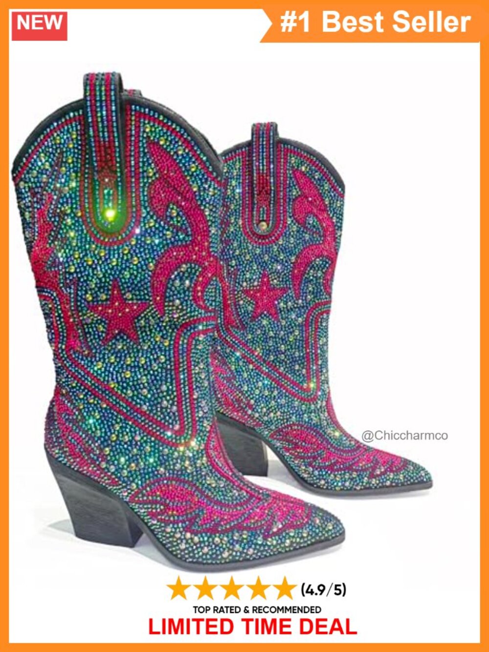 Rhinestone Sparkly Mid-Calf Western Boots Faux Leather Pull On